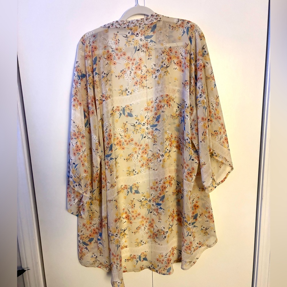 Band of Gypsies Floral Kimono Duster Ivory Multi Sheer Boho Cardigan M/L - Picture 3 of 5